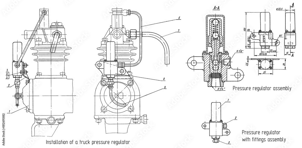 Obraz premium Assembly drawing of truck pressure regulator with dimension. Engineering automotive mechanical blueprint. Industrial cad scheme on white paper sheet. Technology design of machine building industry. 