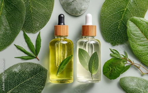 Natural Essential Oils With Leaves Arranged on a Soft Background for Wellness...