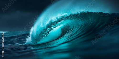 Fototapeta Naklejka Na Ścianę i Meble -  Powerful ocean wave cresting with turquoise water and foamy spray under dark skies