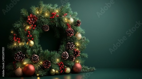 Festive Wreath Made of Pine, Ornaments, and Natural Elements for Holiday Deco...