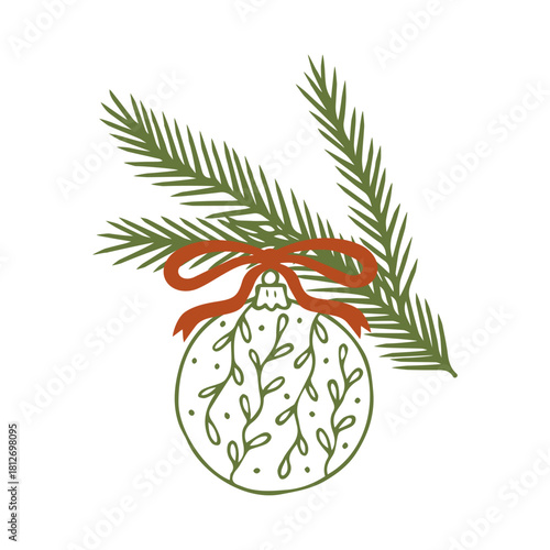 Christmas tree branch with a New Year's decoration. Hand drawn decorative element for holiday design. Vector illustration.