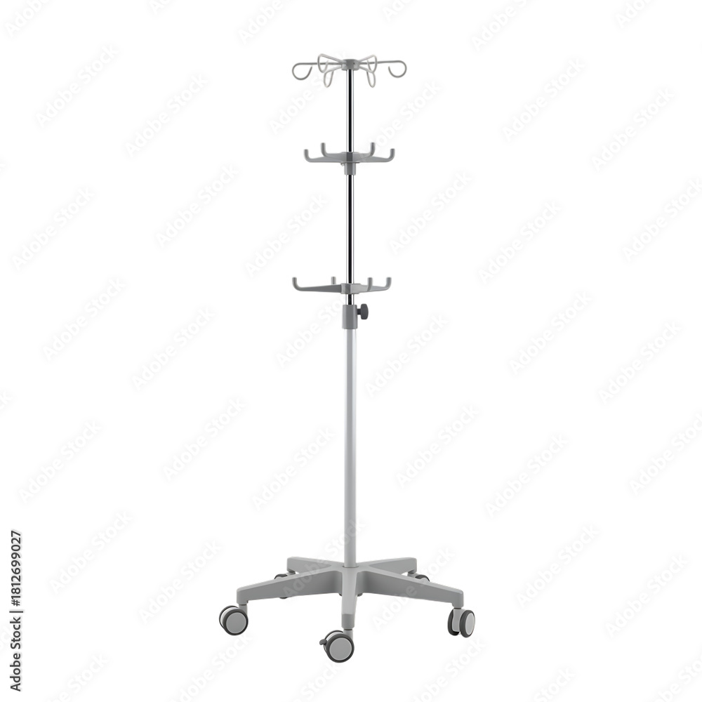 Naklejka premium Medical IV Stand with Multiple Hooks and Wheels on a White Background IV stand intravenous