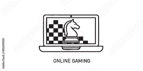Laptop with knight chess line icon, chess game concept. Vector graphics. Online gaming sign on white background, style icon mobile or web design.
