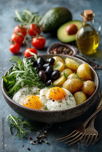 Breakfast Bowl With Fried Egg, Roasted Tomatoes and Olives Served on a Rustic...