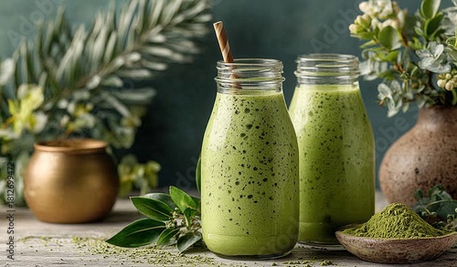 Refreshing Green Smoothies With Matcha and Natural Ingredients Displayed on a...