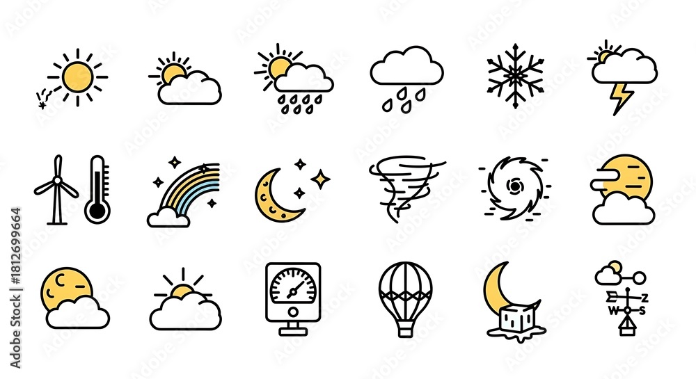Obraz premium Comprehensive set of weather forecast icons featuring sun, clouds, rain, snow, wind, and storm symbols for climate meteorology applications