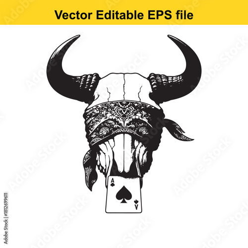 Bull skull wearing bandana with ace of spade card