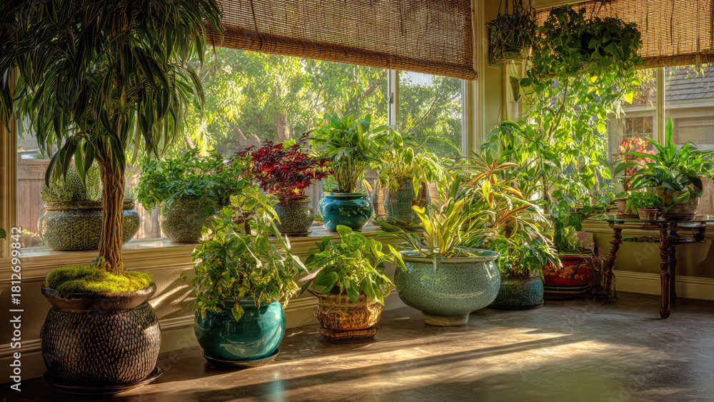 Fototapeta premium Sunlight illuminates a beautiful array of thriving houseplants in various pots, creating a serene and lush indoor garden setting by a large window.