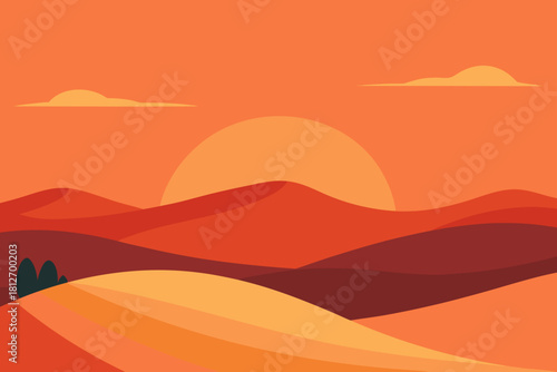 Orange vector illustration of a desert landscape silhouette with sun and mountains at sunset