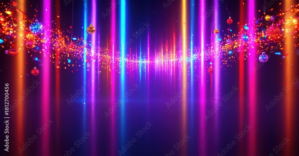 Fototapeta premium Vibrant vertical lights create futuristic tunnel. Festive ornaments dangle, adding sparkle. Dark background emphasizes bright illumination.