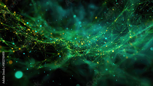 A vibrant digital network of interconnected nodes and lines glows green and yellow, representing data, technology, and global connections.