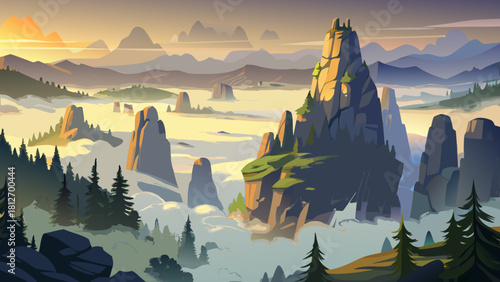 Very beautiful misty morning light surrounds towering monolith rock formations in Custer State Park, where soft fog drifts through the Black Hills and highlights the dramatic shapes of the rugged land