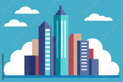 City skyline and buildings with clouds vector illustration