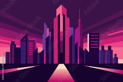Abstract vector illustration of a dark city skyline with glowing lights, featuring modern skyscrapers and urban architecture at night
