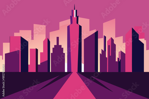 Abstract vector illustration of a night urban cityscape silhouette with tall skyscraper buildings and modern business architecture
