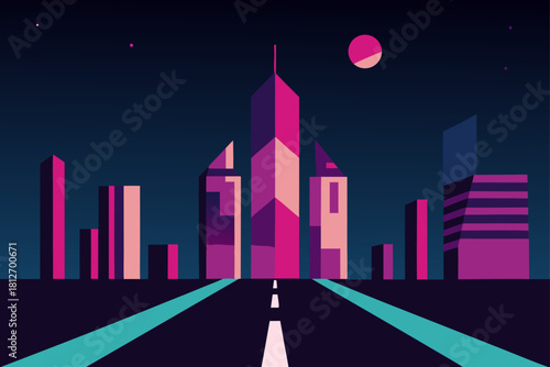 The vector illustration captures a vibrant night city skyline, showcasing urban buildings and skyscrapers under a dark sky with the moon and stars