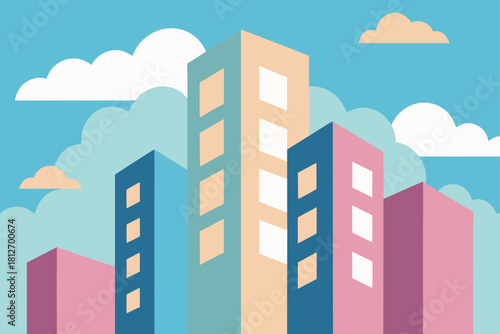 Abstract vector city skyline illustration featuring urban buildings and skyscraper architecture against the sky