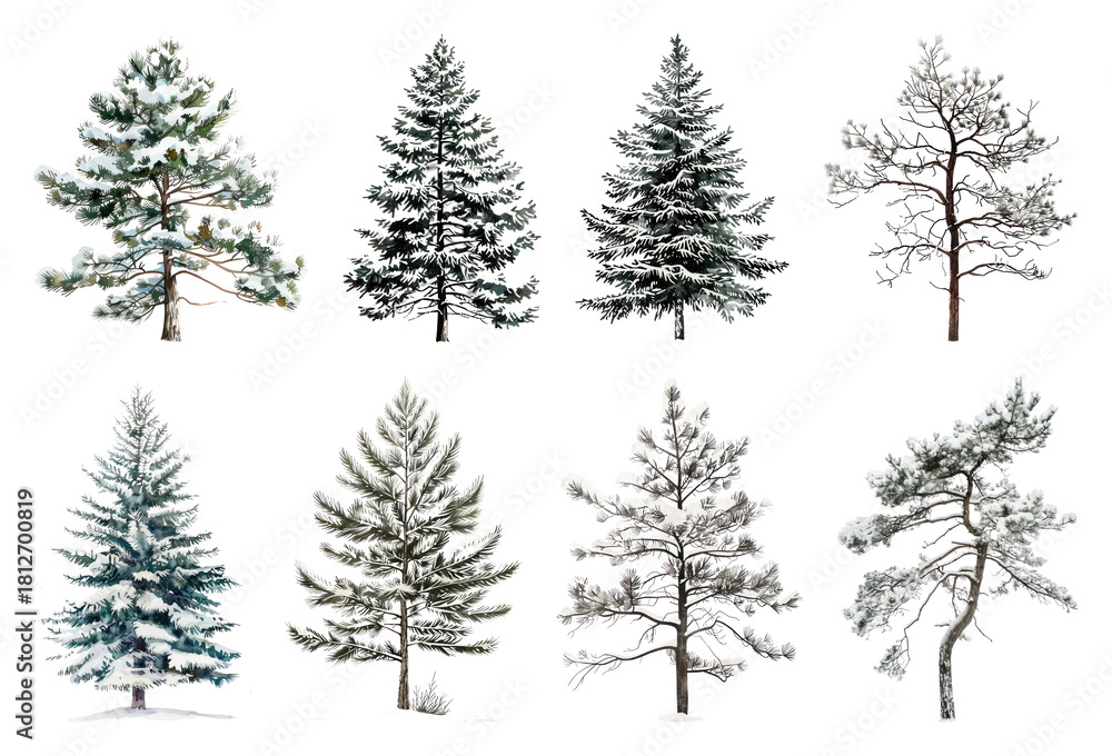 Fototapeta premium PNG Diverse snowy evergreen trees, element set on transparent background