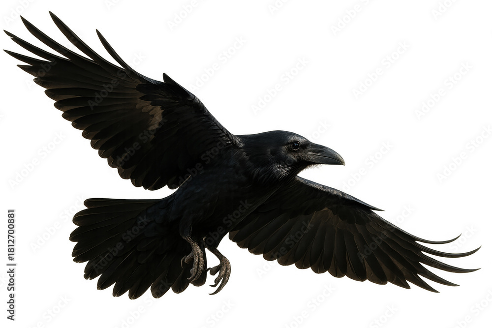 Obraz premium Black raven flying across a transparent background, spreading large wings, looking for food, isolated bird