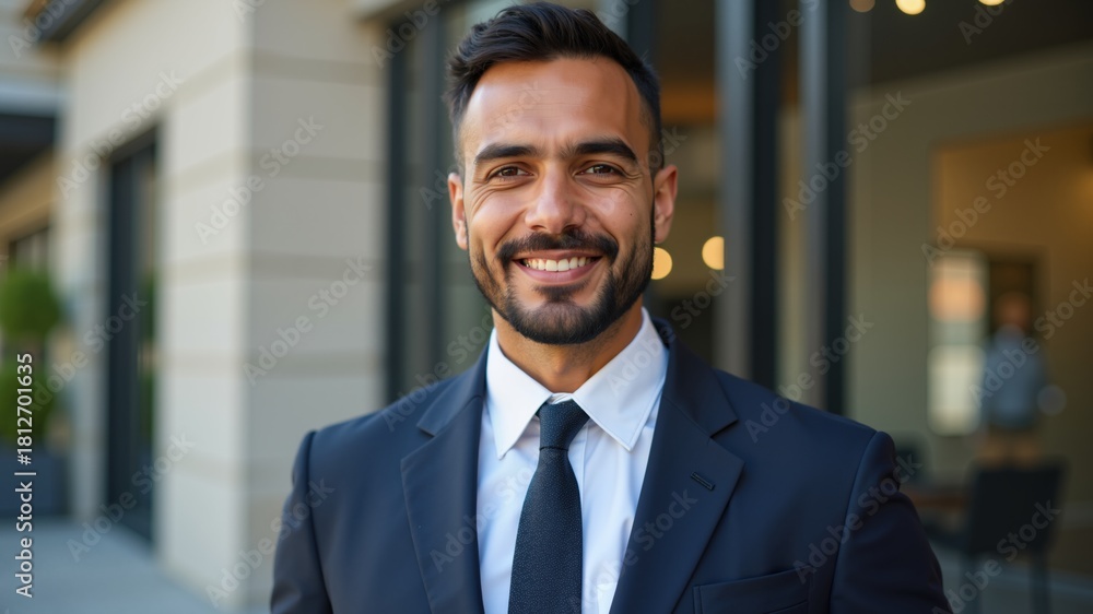 Fototapeta premium Confident businessman wearing blue suit, smiling at camera. Arabic style. Muslim businessman. 