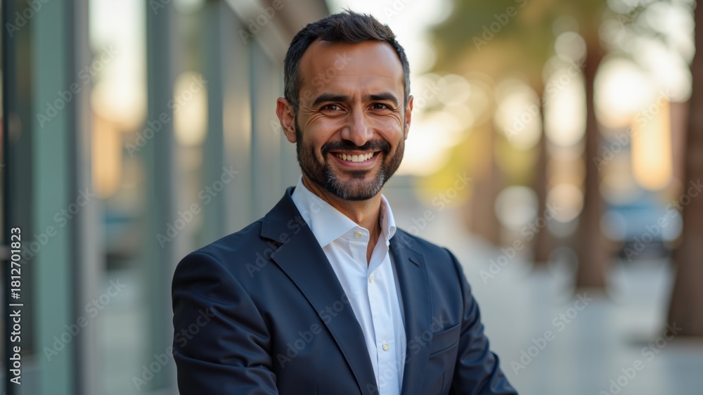 Naklejka premium Confident businessman wearing blue suit, smiling at camera. Arabic style. Muslim businessman. 