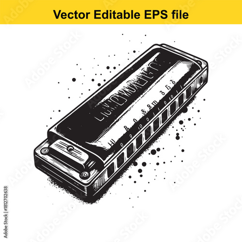 Black and white vector drawing of a harmonica