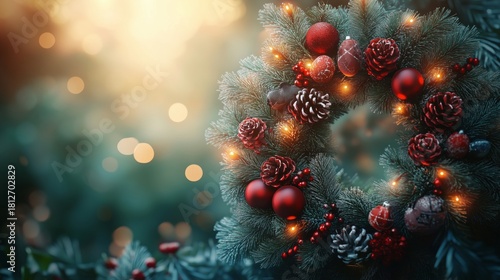 Elegant Christmas Wreath Decorated With Pinecones and Ornaments on a Snowy Ev...