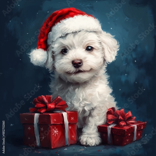 Cute Puppy Wearing a Christmas Hat Sits Beside Colorful Gift Boxes During Hol...