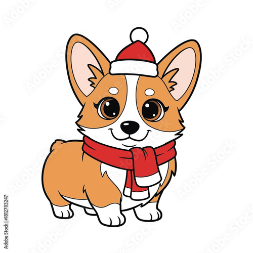 Cartoon corgi wearing a Santa hat and scarf, festive and cute.
