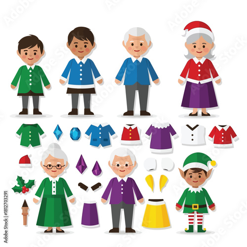 Cartoon characters and interchangeable clothes for a dress-up game, featuring children, adults, elderly, Santa, Mrs. Claus, and an elf.