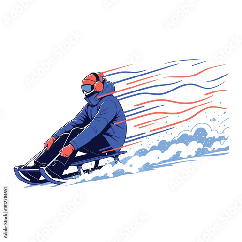 Dynamic vector illustration of a person in winter gear speeding down a snowy slope on a sled.