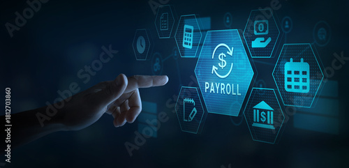 Digital Payroll Processing Concept with Touchscreen Icons, payroll management and finances