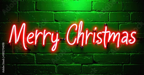 Bright red neon sign displays Merry Christmas against vibrant green brick wall. Festive holiday greeting, simple design.