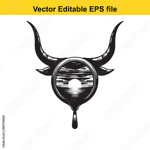 Black and white bull head icon with circular element