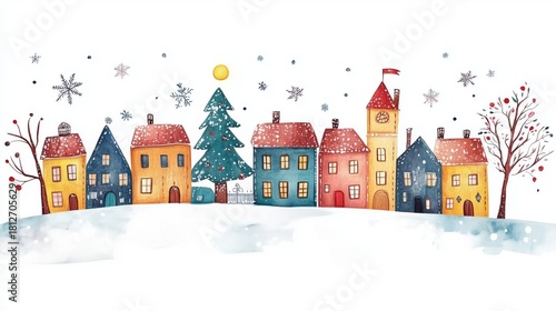 Winter Scene With Colorful Houses and Falling Snow in a Peaceful Village Setting