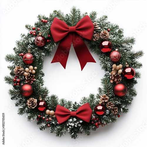 Festive Christmas Wreath With Red Bows and Ornaments for Holiday Decoration