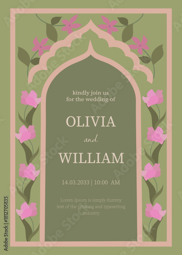Indian style wedding invite with a pink Mughal arch, floral vines and soft green tones. Elegant composition inspired by cultural aesthetics and refined festive elements