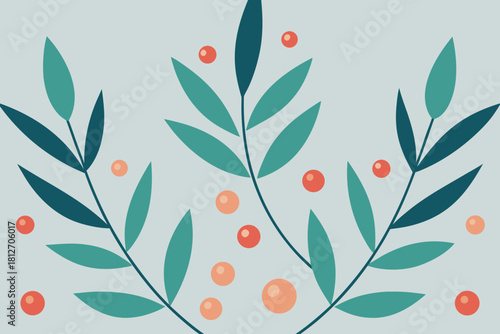 Seamless vector illustration of a floral nature design featuring a pattern of red flowers and autumn leaves with green plant branches for an elegant spring wallpaper ornament