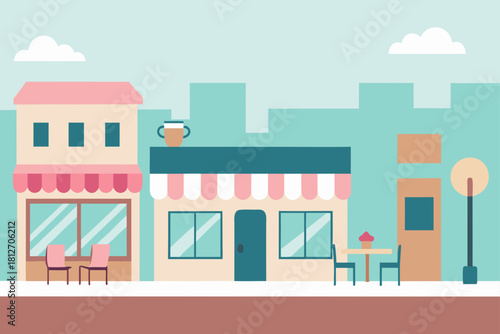 Cartoon vector illustration of a city street featuring a business building and urban house architecture with a shop window and tree design