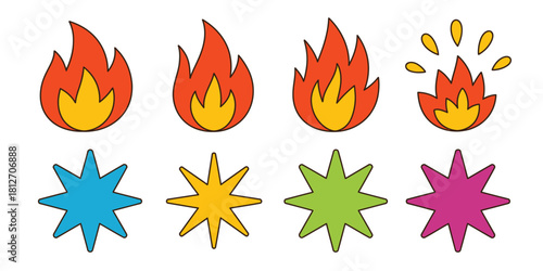 A graphic of cartoon flames and star shapes in various colors arranged on a white background