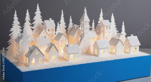 Winter wonderland paper village with white cut-out houses on blue base