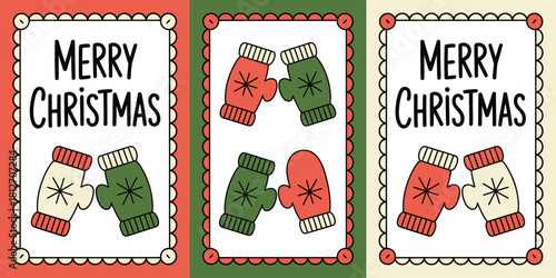 Three christmas cards with merry christmas text and mitten illustrations in red green and cream colors