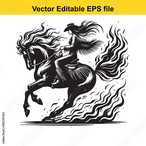 Wild cowgirl riding a rearing horse with flowing mane