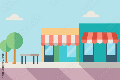 Modern city street featuring a cartoon vector illustration of a cafe and furniture shop beside a tall building apartment with window flower decorations and a cozy home interior design