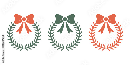 Three decorative wreaths with bows in different colors isolated against a white background design element