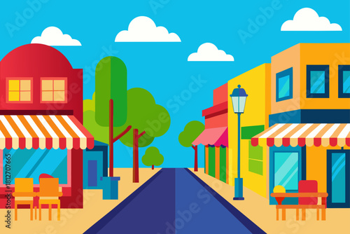 Cartoon vector illustration of a sunny urban landscape featuring a city street with modern office buildings, residential houses, and green trees under a blue cloudy sky