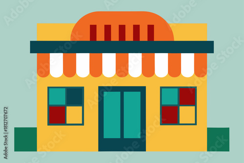 Modern city street architecture featuring a cartoon vector illustration of a retail store and house building facade with a shop window and door design for business exterior construction