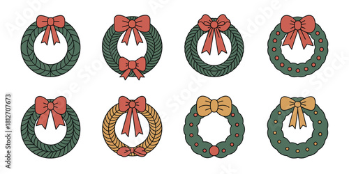 An illustration of eight christmas wreaths with various designs and bow colors on a white background