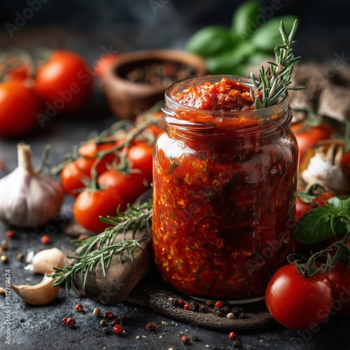 Colorful Jar of Homemade Salsa Next to Fresh Tomatoes and Herbs on a Rustic K...
