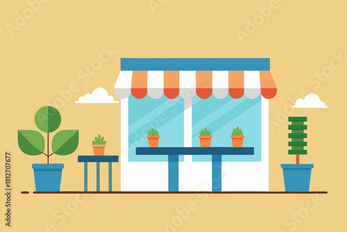 Vector illustration of a pink house interior design featuring a shop window with flowers, a cartoon table and chair, and home furniture decorations in a cozy baby room apartment store